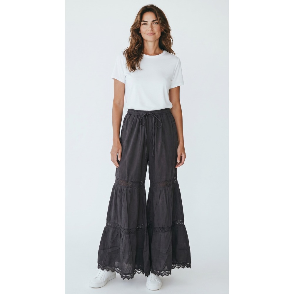 Advance Apparels Black Tiered Wide Leg Crochet Lace Boho Pants Free Size NWT